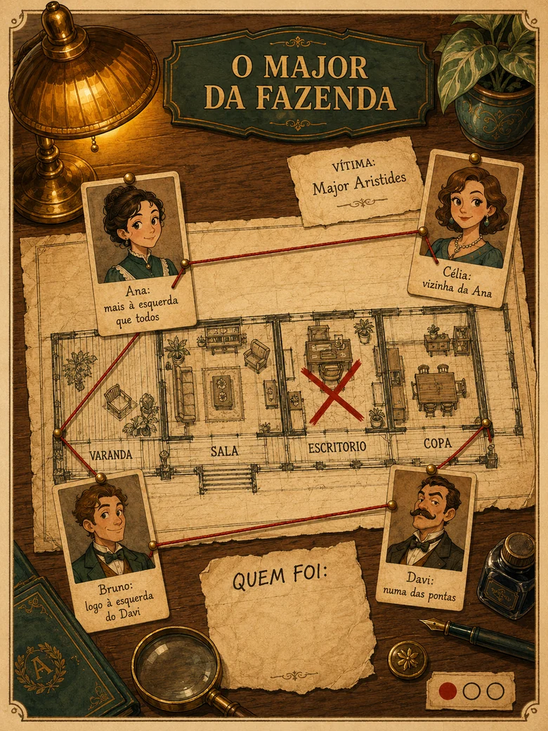Página de um caso: planta da casa, suspeitos e pistas